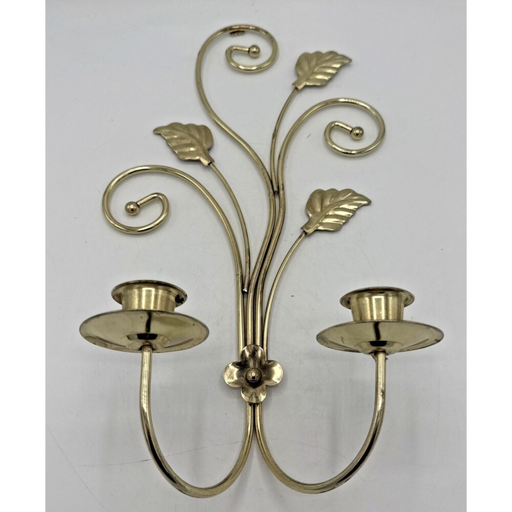 Vintage Home Interior Wall Sconce Double Candle Holder Leaves Goldtone 14.5”